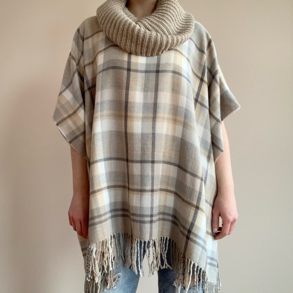 Fraas Cream Tan & Grey Check Plaid Poncho Blanket Turtleneck Sweater
